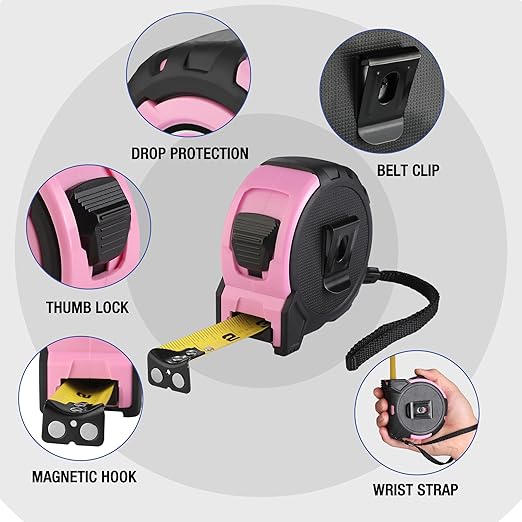 WORKPRO 16FT Pink Tape Measure, 1/8 Fractions Easy Read Measuring Tape, Retractable Nylon Coating Measurement Tape Accuracy 1/32, Magnetic Hook, Belt Clip, Rubber Protective Casing