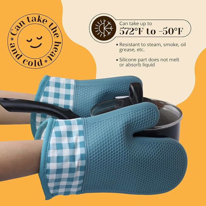 Amruta Pair of Silicone Shell Oven Mitts, 2 Pieces Heavy Duty Baking Kitchen Mitts for BBQ Microwave Stove, Heat-Resistant up to 500F, Oven Glove with Silicone Textured Grip (Short, Blue)