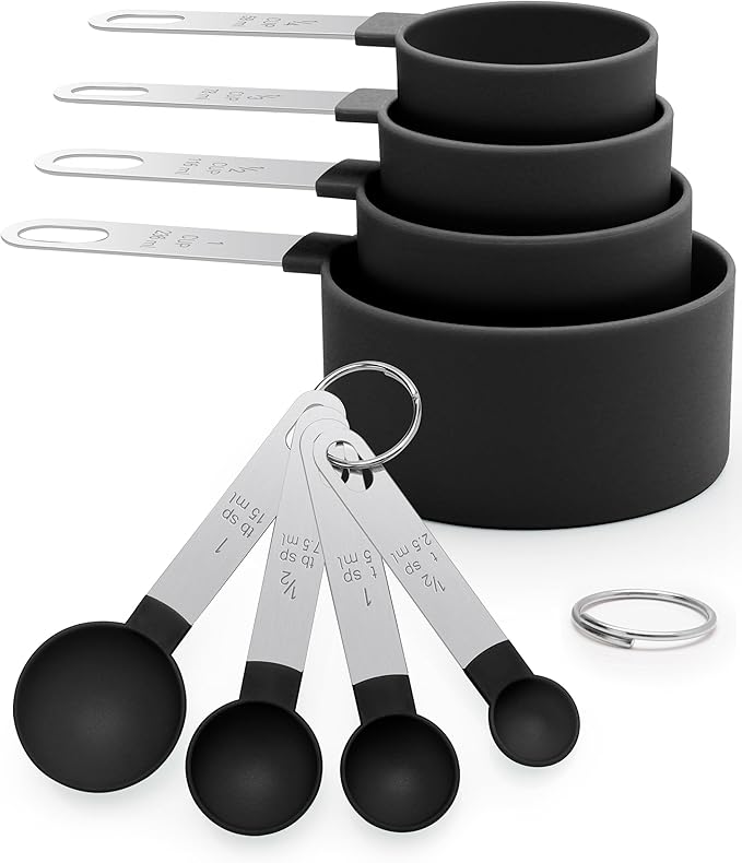 Measuring Cups and Spoons Set of 8 Pieces, nesting measuring cups for Measuring Dry or Liquid Ingredients, Stainless Steel Handle, Kitchen Gadgets for Cooking & Baking （Black）