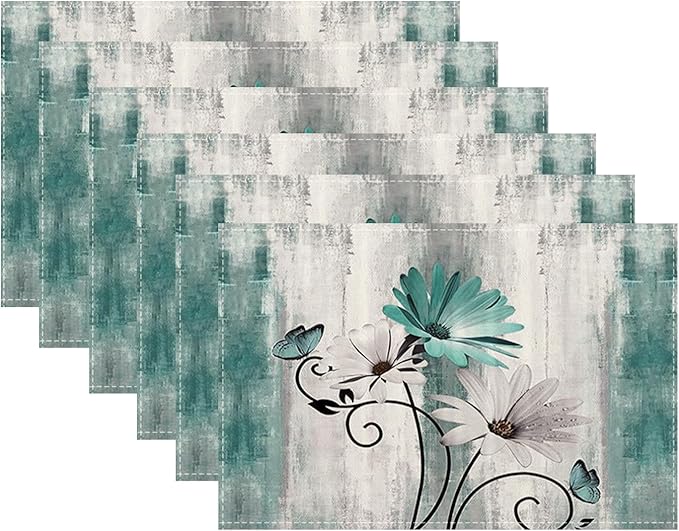 Floral Place mats Set of 6, 12x18 Inches Summer Teal Blue Daisy Flower Decorative Rectangle Table Mats for Party Home Kitchen Dining Table Decoration
