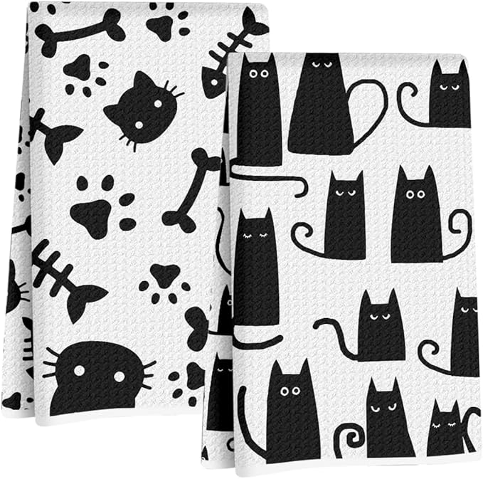 2Pcs Cat Kitchen Towels, Funny Cats Absorbent Tea Towel Decorative Dish Hand Towels Cat Lover Gifts for Cleaning Drying Cats Owners Women Mom Housewarming Gifts 14 x 24 Inch Kitchen Home Decor-2