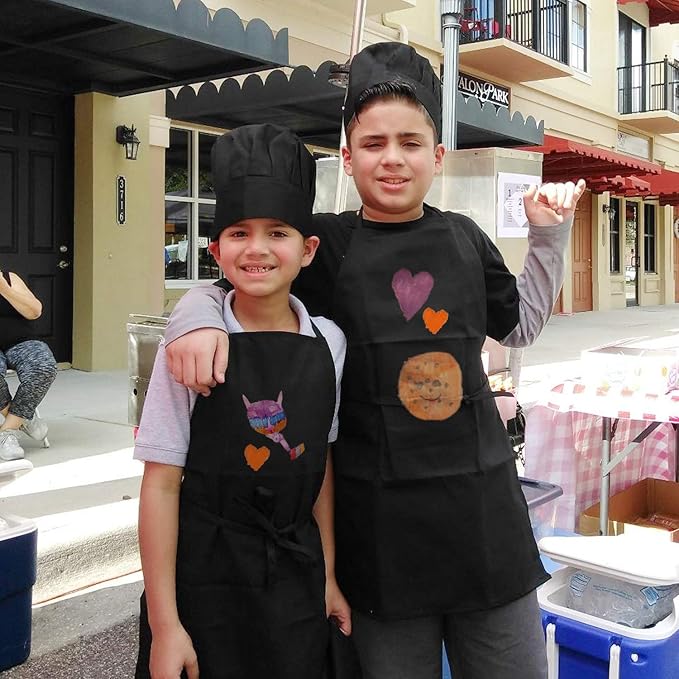 Novelty Place Kid's Apron with Chef Hat Set (3 Set) - Skin-friendly Children’s Bib with Pocket - Cooking, Baking, Painting, Training Wear - Kid's Size (6-12 Year, Black)