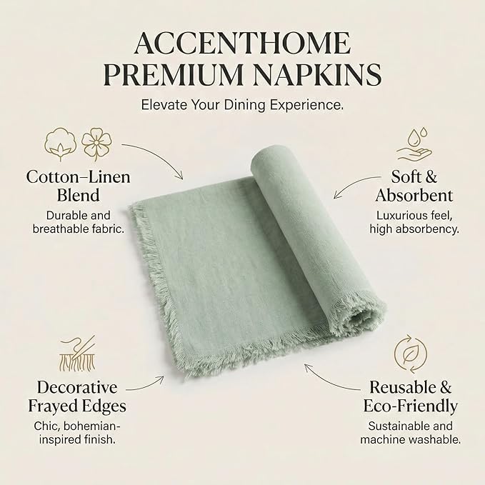 ACCENTHOME Teal Cotton Linen Napkin Set of 12 18x18 inch Dinner Napkins - Washable Soft Premium Hotel Quality Reusable Hemmed Edges Napkins Perfect Table Linens for Family Dinners, Weddings