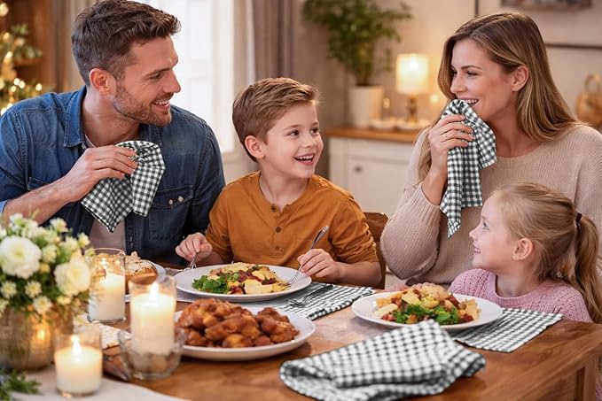 Mini Check Plaid Cloth Napkins, Set of 4, Soft, Durable, Wrinkle Free Fabric Napkins, Checked Napkins for Dinner, Wedding, Restaurant, Buffet, Party, Christmas - Grey White (16”x16”)