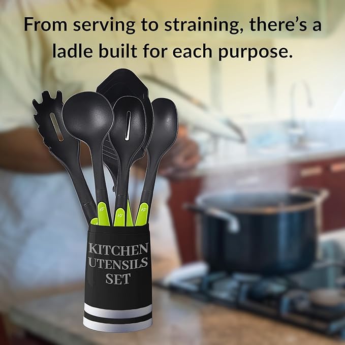 Supa Ant 5 Pieces Kitchen Cooking Utensils Set, XL Canning Scoop - Nylon Ladle with Holes - Pasta Spoon/Fork - Slotted Spoons Kitchen Gadgets Utensil Set