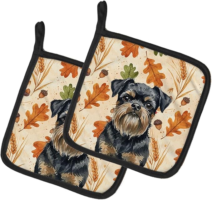 Caroline's Treasures Black and Tan Brussels Griffon Heirloom Fall Pair of Pot Holders Pair 7.5x7.5 Quilted Insulated Hot Pads Decorative Kitchen Gift Made in USA