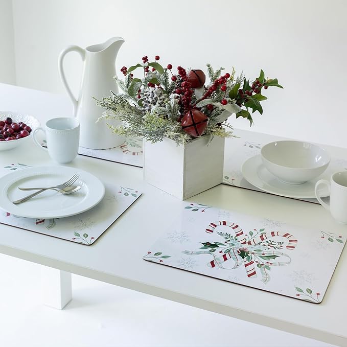 Benson Mills Cork Placemats Set of 4, Thick Cork Place Mats for Kitchen and Dining Tables, Easy Clean Table Mats for Christmas, Winter and Holidays (12" x 16" Rectangular Set of 4, Festive Candy Cane)
