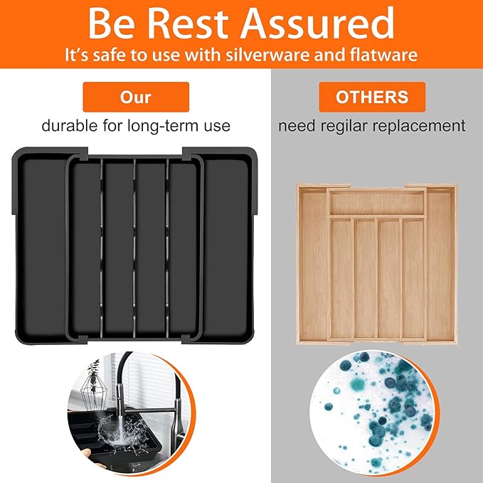 Spaclear Kitchen Silverware Organizer for Drawer - Expandable Silverware Drawer Organizer Adjustable Utensil Drawer Holder, Flatware Cutlery Tray for Spoons Forks Kitchen Organizers Storage,Black, S