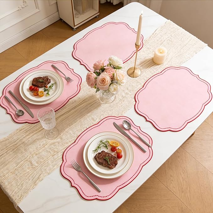 Cotton Linen Placemats Set of 4 - Double Layered, Luxury Scalloped Embroidered Cloth Table mats - Holidays, Christmas, Washable Mat, 16 x 13 inch (Pink)