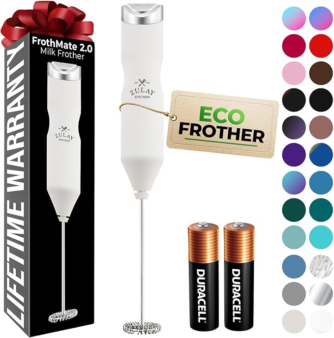 Zulay Kitchen Powerful Frother Wand AA Batteries Included, Ultra Fast Handheld Drink Mixer, Comfort Milk Frother, Stainless Steel Whisker, Frother Handheld for Coffee, Protein & Matcha - Frothmate 2.0