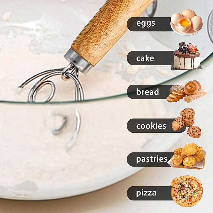 TEEVEA Danish Dough Whisk Stainless Steel Wooden Handle for Sourdough Pizza Bread Baking