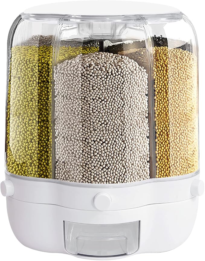 Grain Dispenser, 27Lbs Large Capacity Cereal Container, 6 Grids 360° Rotating and One Click Output Dry Food Storage with Sealed lid for Rice Soybeans Red Beans Moisture Proof Organizer