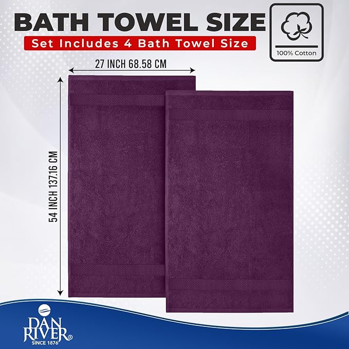 DAN RIVER Bath Towels Set of 4, 27 x 54 Inches, 100% Cotton, Larger & Lighter Weight, Quicker to Dry, Super Soft and Absorbent, Ideal Quick Dry Bath Towel for Daily Use, Purple