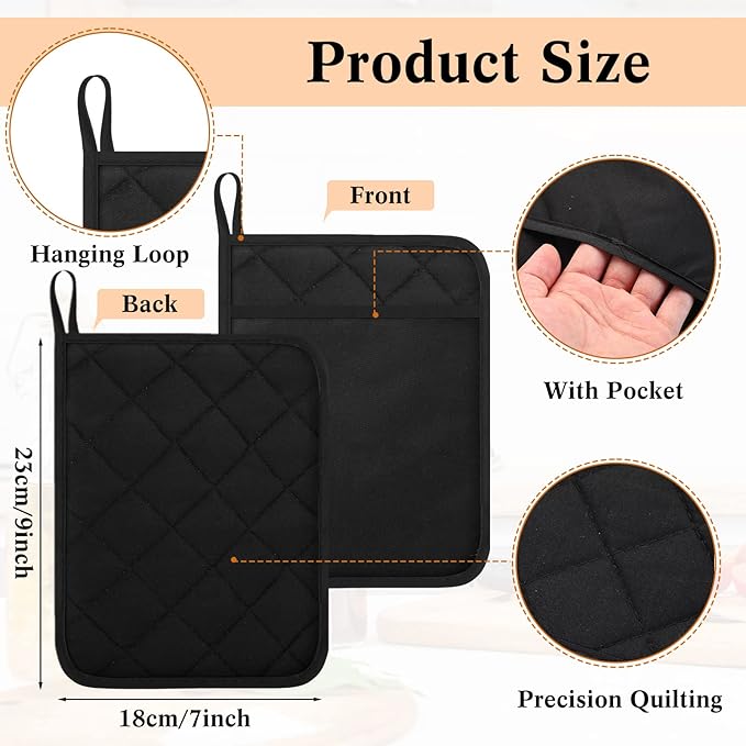 Hoolerry 20 Pieces Pot Holders with Pocket Sublimation 7x9'' Cotton Oven Pot Holders Bulk with Hanging Loops Pads for Kitchen Cook Baking (Black)