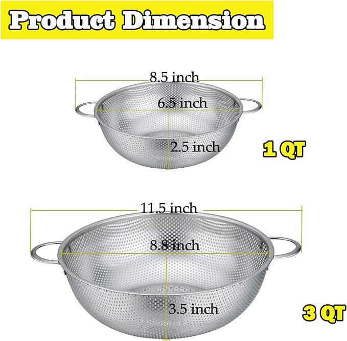 P&P CHEF Stainless Steel Colander, Micro-Perforated Food Strainer with Handle for Washing Draining, Great for Pasta Fruits Vegetables, Dishwasher Safe & Healthy, 1 +3 Qt, 2Pcs