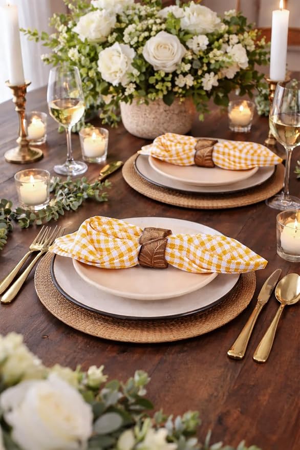 Mini Gingham Check Cloth Napkins Set of 4, 16"x16", 100% Cotton, Super Absorbent & Reusable, Washable Fabric Napkin Dinner, Events, Everyday Use - Mustard Yellow