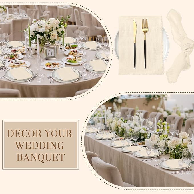 Preboun 24 Pcs Fringe Napkins Bulk Cloth Cotton Soft 17 x 17 Inch Rustic Reusable Washable Festive Square Table Napkins with Fringe for Parties Wedding Restaurant Table Accessory(Ivory)