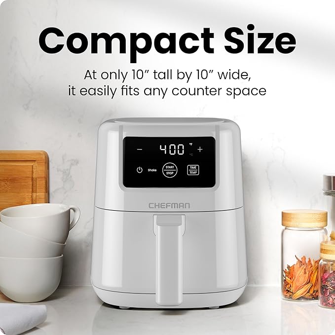 CHEFMAN 2 Qt Mini Air Fryer – Digital Space-Saving Compact Air Fryer with Nonstick and Dishwasher Safe Basket, Quick & Easy Meals in Minutes, Features Digital Timer and Shake Reminder – White