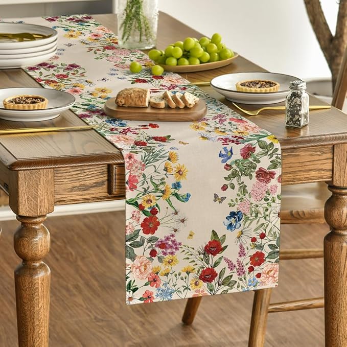 Artoid Mode Plants Floral Butterfly Valentine's Table Runner, Anniversary Wedding Kitchen Dining Table Decoration for Home Party Decor 13x120 Inch