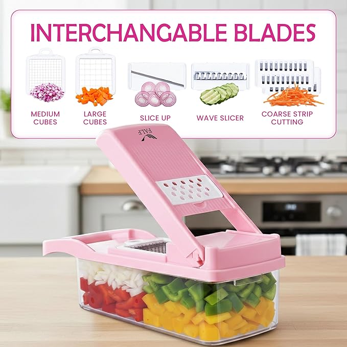16-in-1 Vegetable Chopper & Mandoline Slicer with Container, Multifunctional Food Chopper, Onion Dicer & Grater for Potato, Carrot, Garlic and Salad, Kitchen Gadgets & Essentials (Pink)