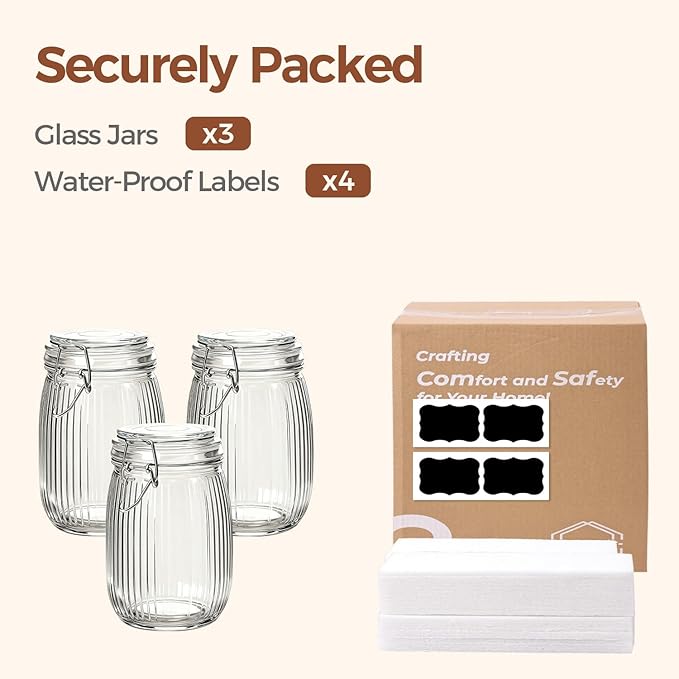 ComSaf 34oz Ribbed Glass Jars with Airtight Latch Lids - Set of 3 Farmhouse Vintage Canisters for Coffee, Sourdough Starter, Dry Goods & Fermenting, Pantry Organization & Kitchen Decor