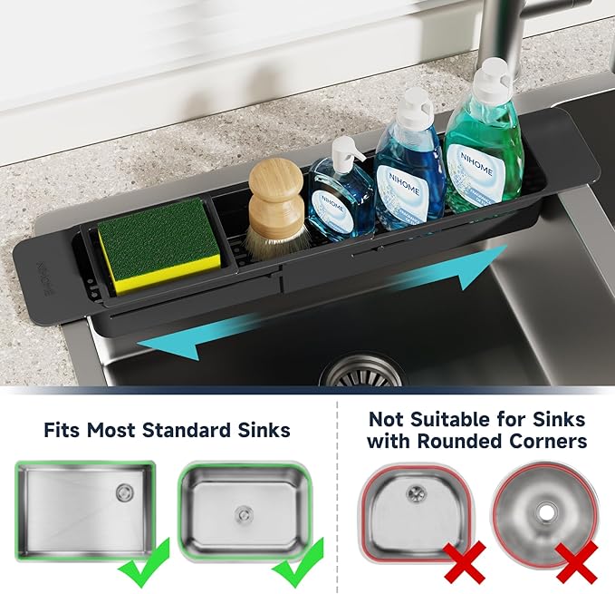 NiHome Extendable Sink Kitchen Organizer, Extra Long Telescopic Brush Storage Rack for Sponge, Non-Slip Pads Expandable Sink Caddy, Adjustable Sponge/Brush Rack with Drainage Durable ABS (Black)