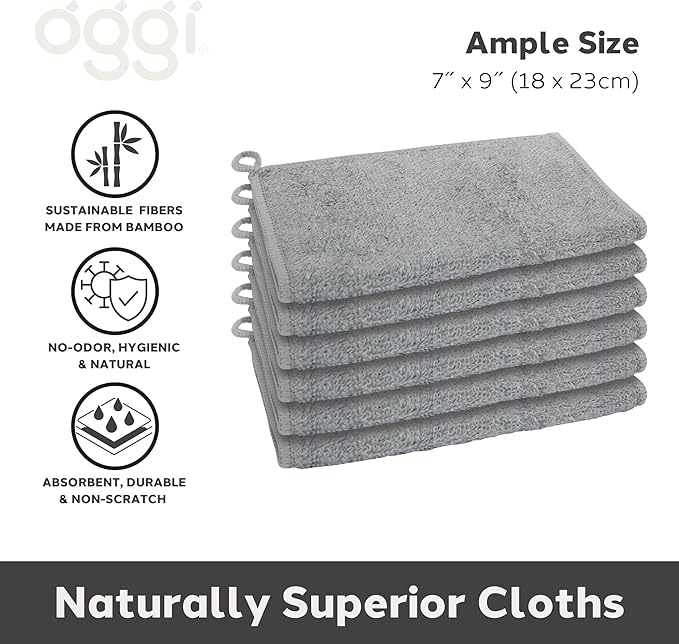 Oggi Bambou Odor-Free Kitchen Washcloths - Natural Kitchen Dish Cloths, 91% Bamboo-Derived Rayon Cellulose Fiber, Reusable, Absorbent, Hygienic, Fast Dry, Durable, Non-Scratch, Lint-Free - 6 pcs, 7x9