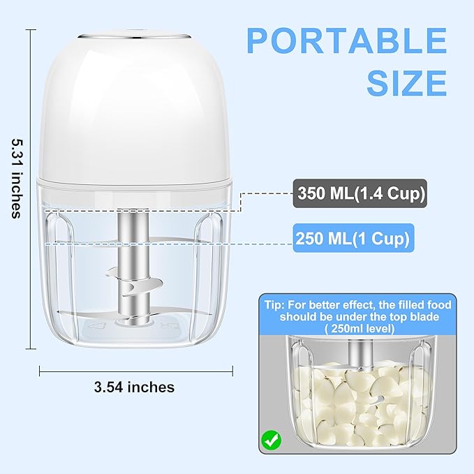 Electric Garlic Chopper, 1.4 Cup Mini Garlic Mincer Food Chopper Portable, Small Food Processor with USB Charging for Onion, Chili, Ginger, Veggie, Meat (350ML)