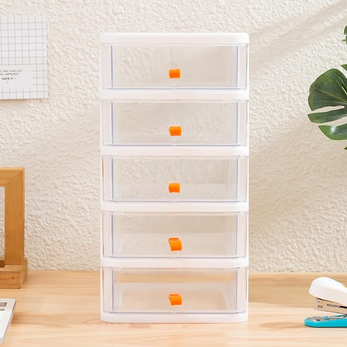 Gagee 5 Drawer Mini Stackable Storage Drawers,Plastic Dressers with Drawers for Arts and Crafts, Small Tools, Sewing Accessories, Stationary, and Hardware,Clear/White Frame