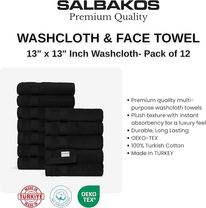 SALBAKOS 100% Turkish Cotton Washcloth Set of 12, 13x13 inch | Premium Quality | Hotel & Spa Collection | Ultra Soft, Super Absorbent, Wash Cloth Towels | Made in Turkey (Black 12 Pcs Washcloth)