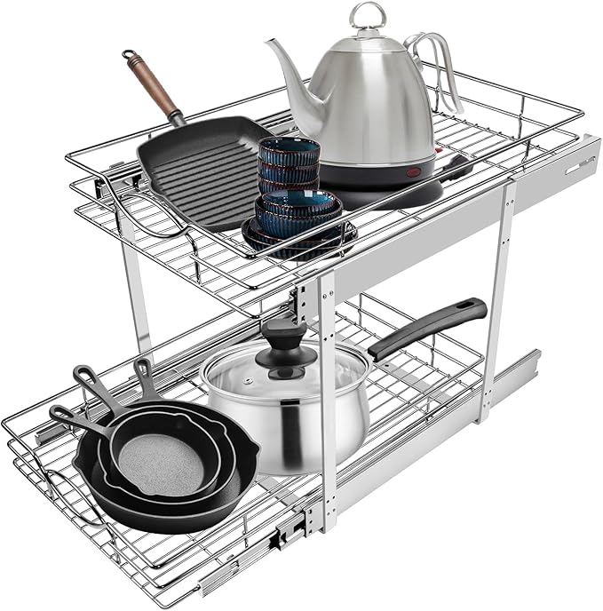 Sikarou Pull Out Cabinet Organizer 17" W x 21" D 2-Tier Individual Slide Out Drawer Pantry Shelf Storage for Kitchen Base Cabinet Organization for Kitchen, Bathroom, Pantry, Chrome