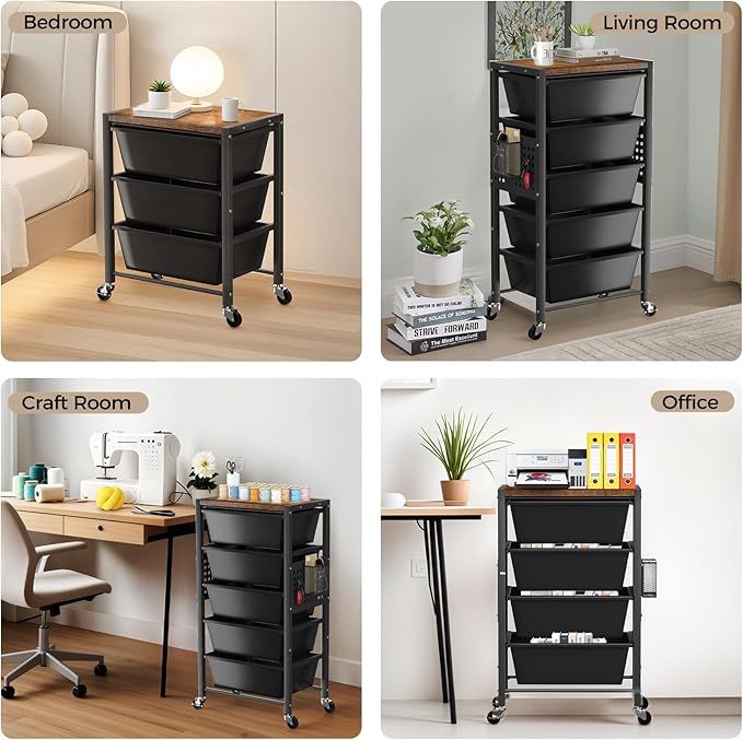 Rolling Cart with 4 Drawers, Plastic Drawer Storage Carts with Wheels & Wooden Tabletop, Metal Utility Cart with Pegboards, Office Living Room Classroom Craft Organization and Storage, Dark Black
