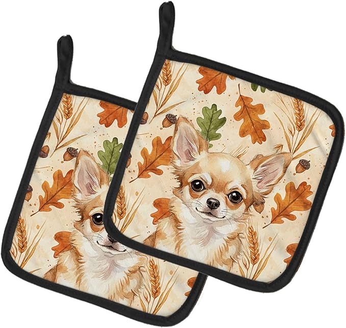 Caroline's Treasures Fawn Chihuahua Heirloom Fall Pair of Pot Holders Pair 7.5x7.5 Quilted Insulated Hot Pads Decorative Kitchen Gift Made in USA