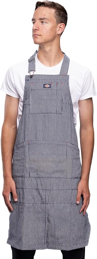 Dickies 6-Pocket Chef and Shop Work Apron, Durable Cotton Canvas, Fully Adjustable Straps, Leg Split, Machine Washable, Blue and White Hickory Stripe