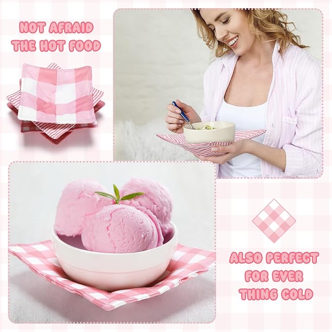 CHENGU 4 Pcs Pink Plaid Cotton Microwave Bowl Cozy Holders for Hot Food Hot Pad Soup Bowl Potholder Heat Resistant Multipurpose Quilted Safe Holder for Kitchen Plate Supply Pink, White