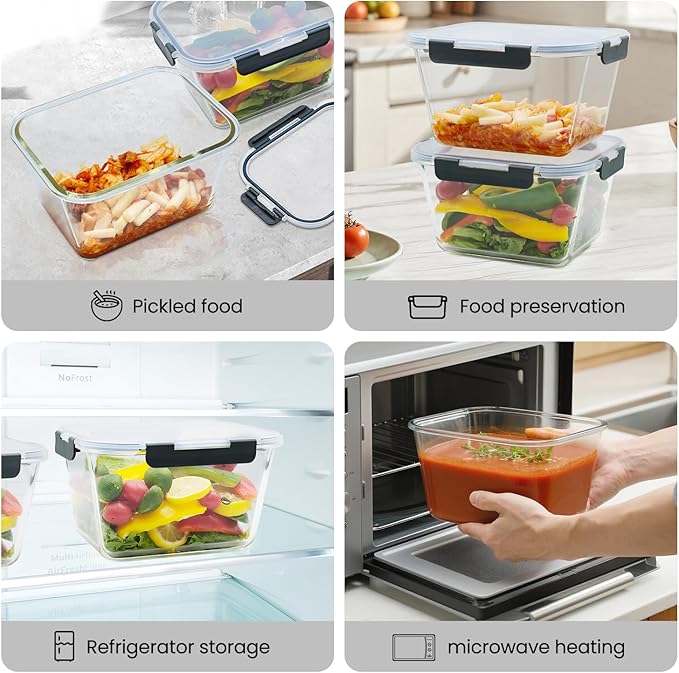 2 Pack Large Glass Storage Containers with Lids 85oz/10.5cup Big Airtight Glass Food Storage Containers for Rotisserie Chicken Watermelon Meal Prep, BPA Free, Freezer Dishwasher Oven Safe