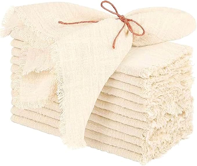 Cotton Blend Fringe Cloth Napkins - Crinkle Gauze Dinner Napkins, Reusable & Washable Table Napkins, 17" x 17" (43 x 43 cm), Multiple Colors, 12/24/48/100 Pack (48, Beige)