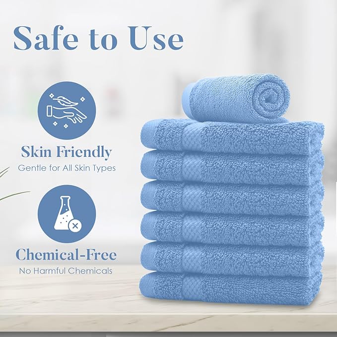 DAN RIVER 12-Pack Premium 100% Cotton Medium Blue Face Towels for Bathroom - Reusable Face Wash Cloths for Showering 12x12 Inches - 550 GSM Super Soft & Absorbent Luxury WashCloths for Body, Spa & Gym