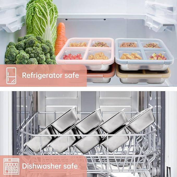 Stainless Steel Bento Lunch Box, 4 Compartment Snack Containers, Divided Meal Prep Lunch Containers, Food Storage Containers For Work and Travel