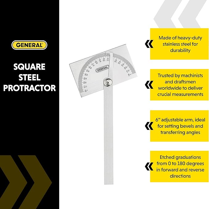 General Tools Angle Protractor #17 Stainless Steel Square Head - Measuring Tool for Carpenters & Woodworking Hobbyists