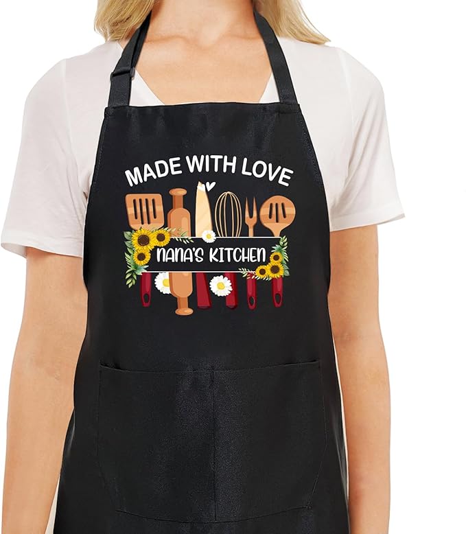 Black Baking Aprons for Women, Adjustable Cooking Baking Kitchen Aprons for Mom Chef with Pockets