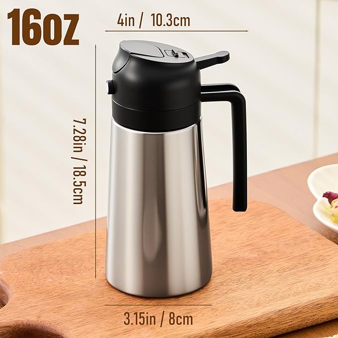 PARACITY Oil Dispenser Bottle with Stainless Steel Shell & Ceramic Sprayed Interior, 2 in 1 Olive Oil Sprayer and Dispenser, Oil Spray Bottle for Cooking, Kitchen, BBQ, Air Fryer, Salad, Baking(Black)