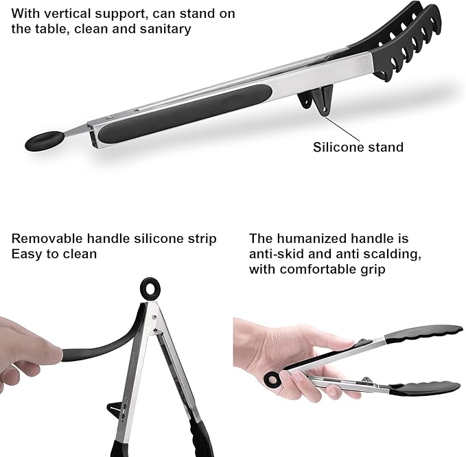 4in1 Stainless Steel Kitchen Food Tongs Set for Cooking with Silicone Tips, Toaster Steak Pie Pizza Pasta Spaghetti Noodles Salad Fruit Vegetable Grill BBQ Buffet Clamp Serving Tools Gadgets