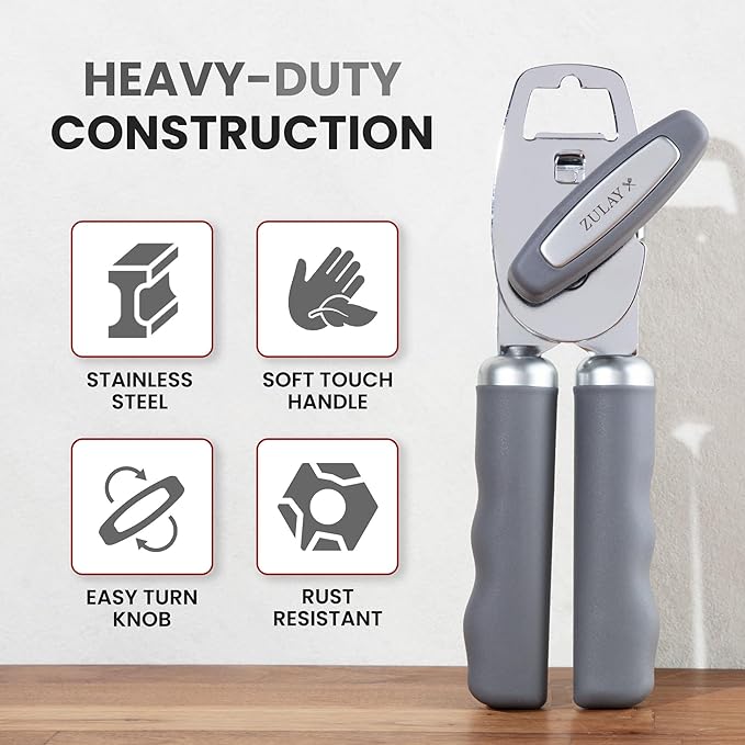 Zulay Kitchen Heavy Duty Stainless Steel Can Opener Manual with Bottle Opener - Rust Proof Manual Can Opener With Turn Knob & Comfy Soft Grip Handles - Gray