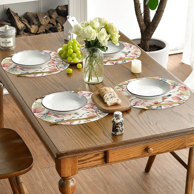 Artoid Mode Flowers Bird Butterfly Spring Round Placemats Set of 4, 14 Inch Summer Round Table Mats for Dining Decoration