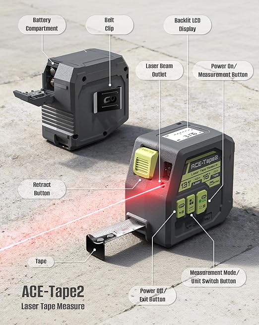 Laser Tape Measure 2-in-1, Inkerma 131Ft/40m Laser Measurement Tool & 16Ft/5m Measuring Tape, Digital Laser Tape Measure with Pythagorean Mode, Area and Volume, Self-Locking Tape, Belt Clip