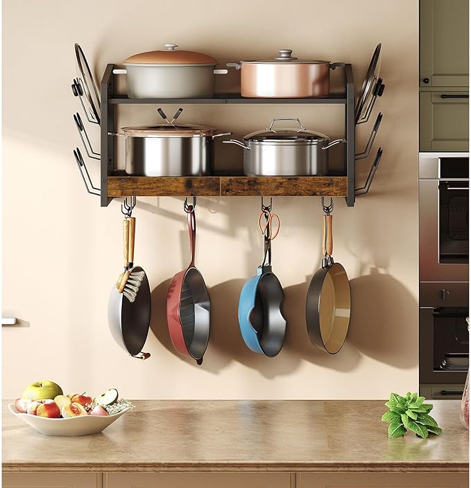 CHOEZON Hanging Pot Rack, Pot Rack Wall Mounted, 2-Tier Kitchen Pot and Lid Organizer, Wall-Mounted Pot Rack with 12 Hooks, for Kitchen Storage of Pots, Pans, Utensils, Rustic Brown TPR02BF