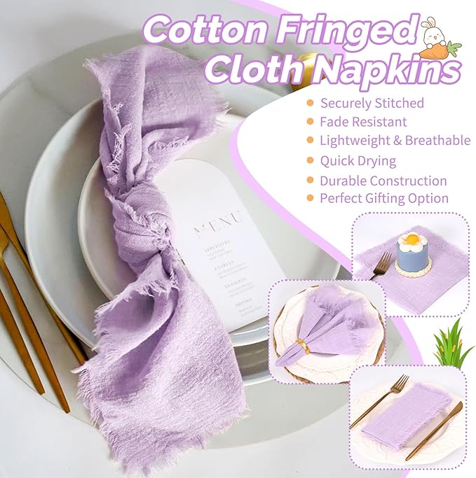 Showgeous 30 Pack Lavender Cloth Napkins with Fringe 16x16 inch 100% Cotton Purple Napkins Handmade Dinner Napkins Bulk Washable Soft Rustic Table Napkins for Wedding Parties Bridal Baby Shower