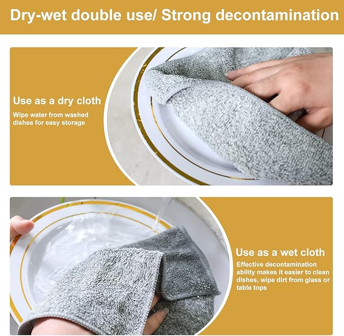 Kitchen Cloth Dish Towels (12 Pack), Premium Dishcloths, Super Absorbent Microfiber Cleaning Cloth, Nonstick Oil Washable Fast Drying Dish Rags for Washing Dishes (Grey)