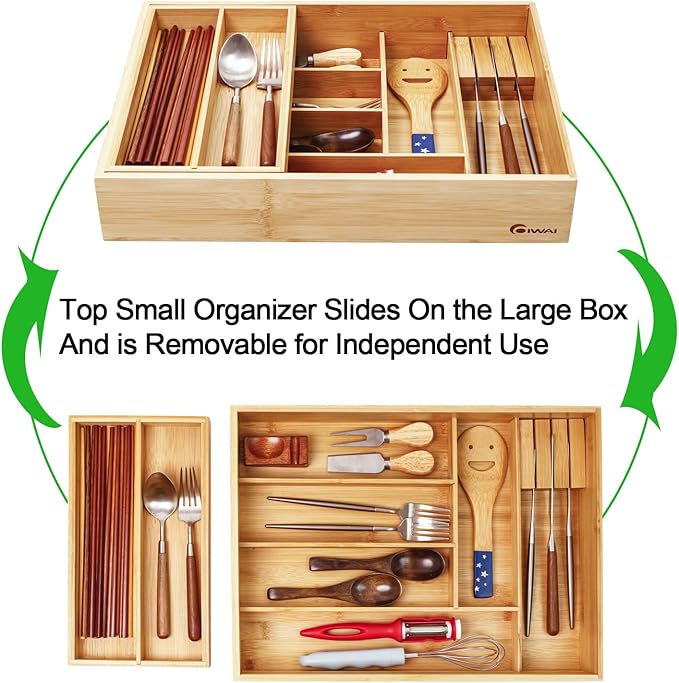 COIWAI Double Layer Bamboo Kitchen Drawer Organizer Cutlery Utensil Silverware Drawer Organizer, Silverware Tray for Drawer Removable Utensil Holder Flatware Organizer Multi-use Storage Box (L)
